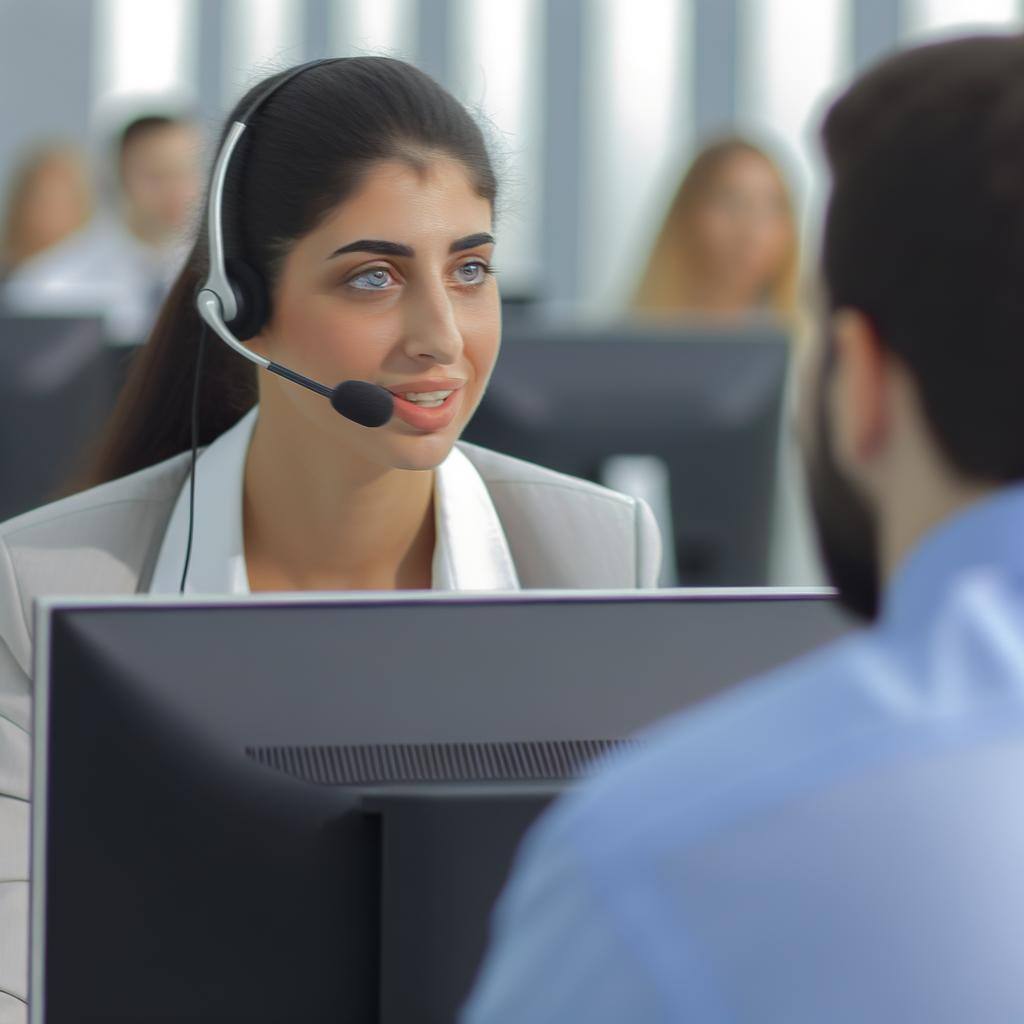 Generate a photorealistic image of a female customer technical support agent interacting with a customer